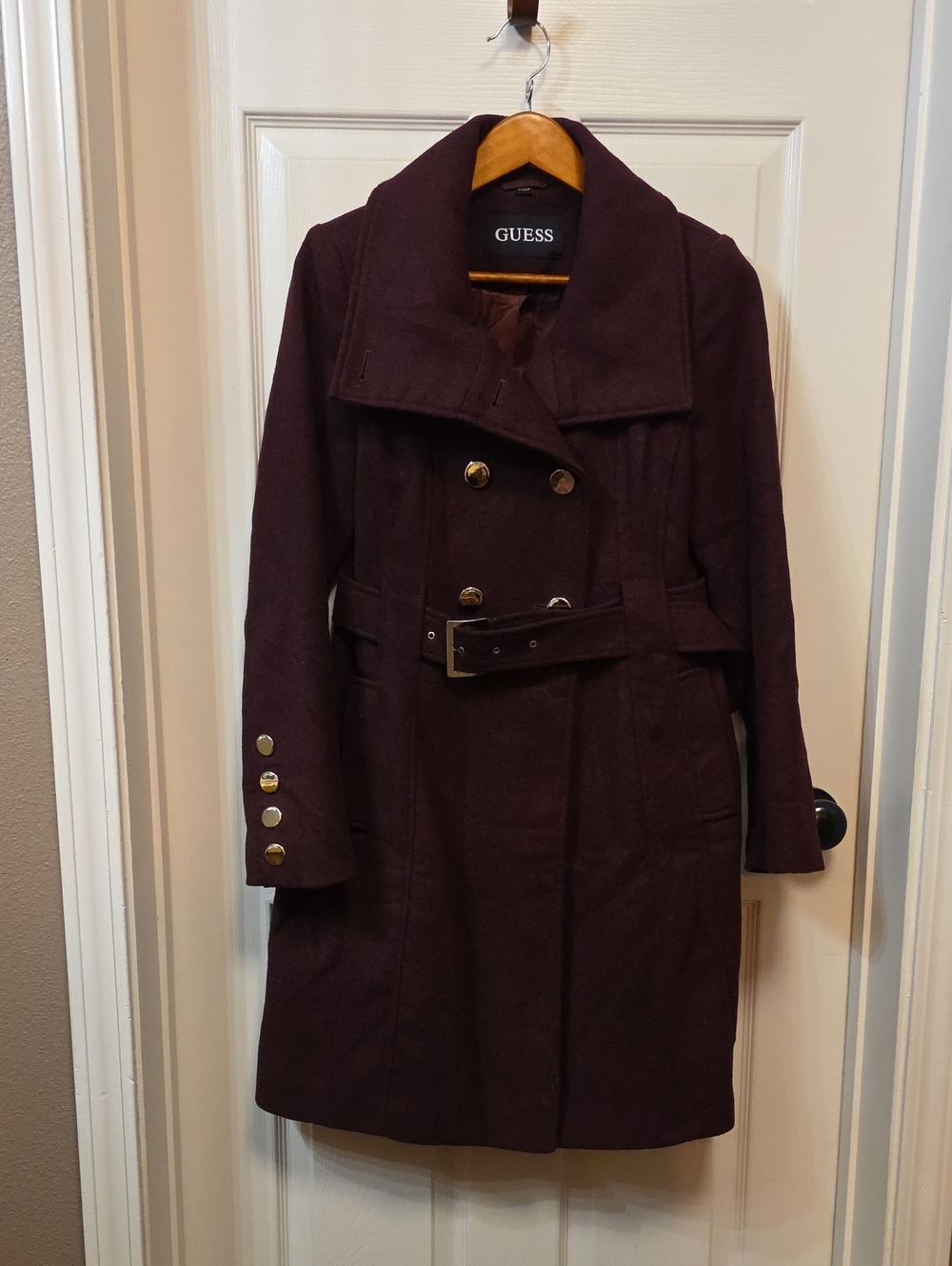 GUESS Women's Wine Double-Breasted Coat with Belt